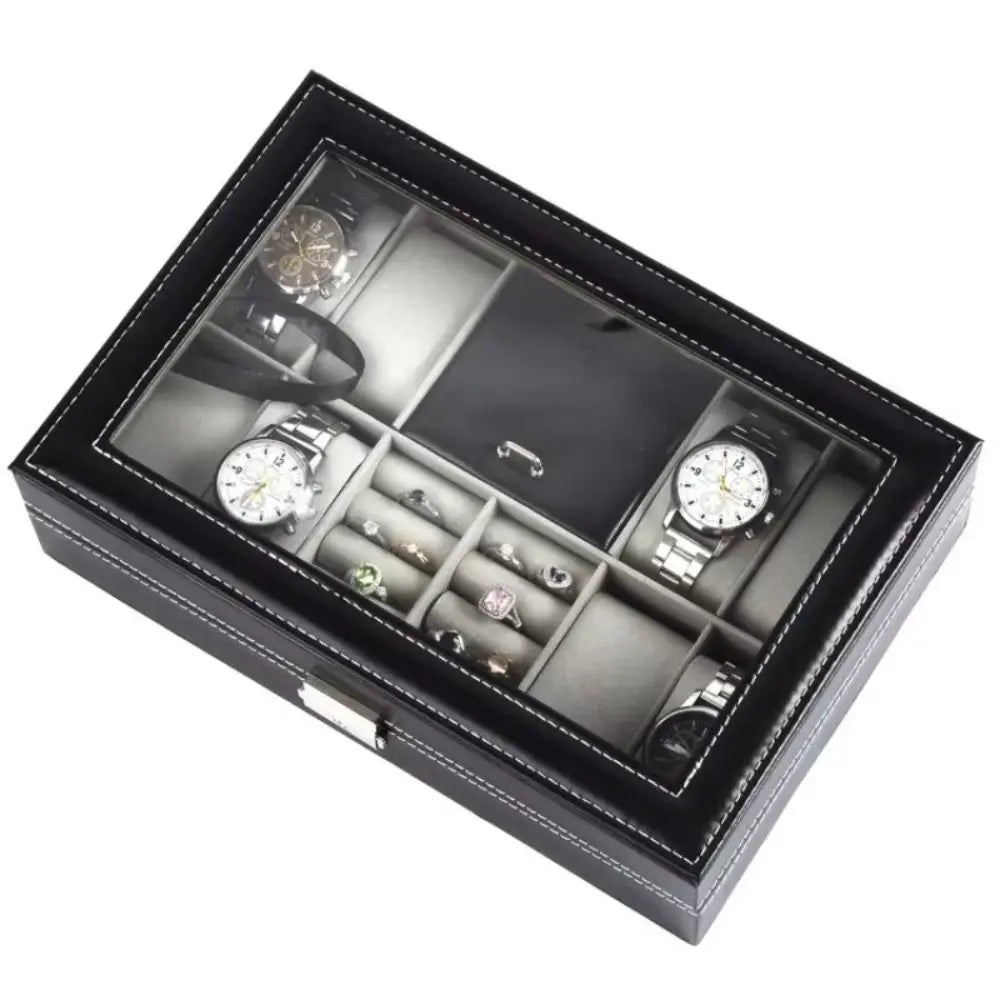 High Quality PU Leather Watch Storage Organizer Box Large Capacity Transparent Lid Jewelry Display Box