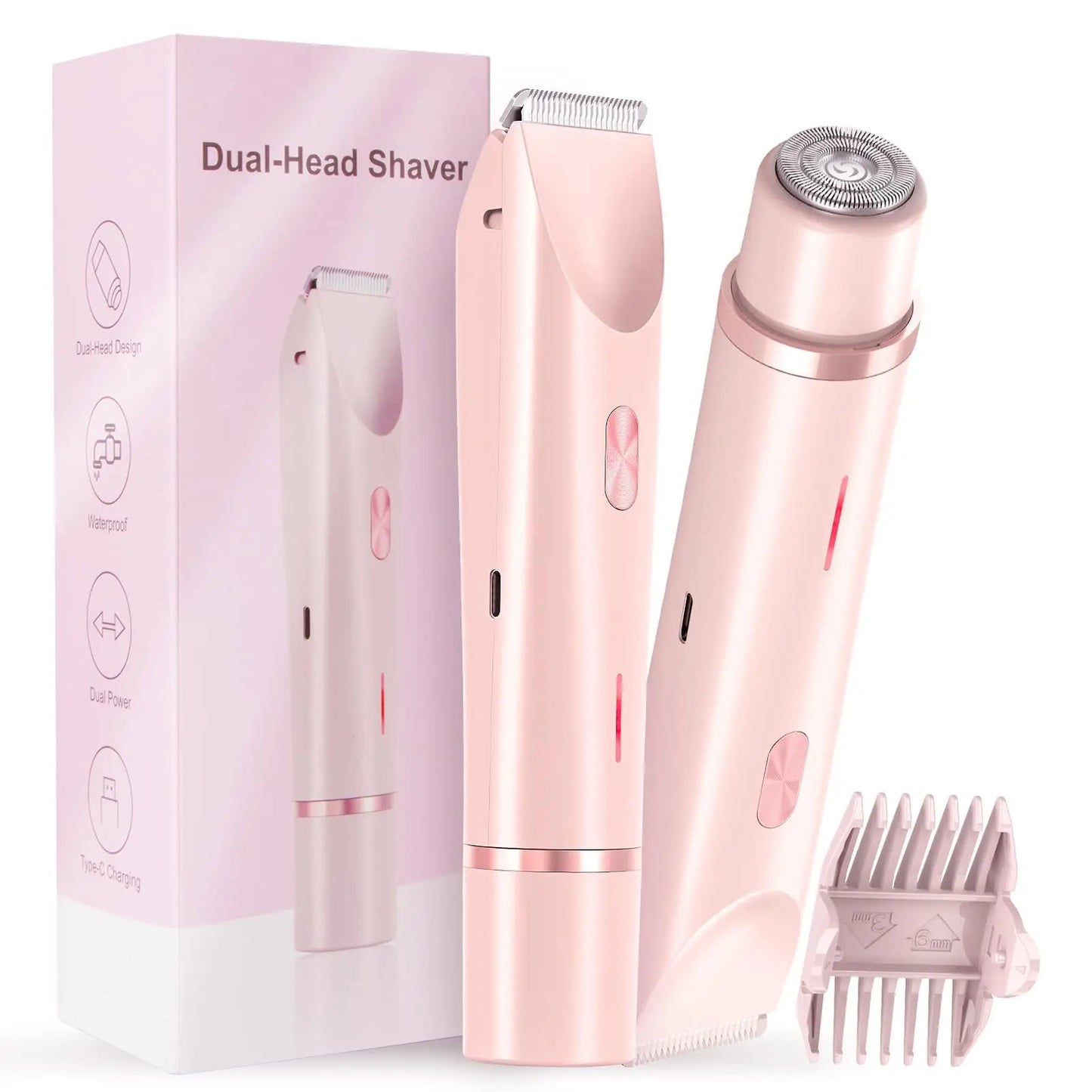Electric Shaver for Women Waterproof Wet and Dry Hair Razor 2 in 1 Double Head Dual Bikini Hair Trimmer Detachable Head Shaver