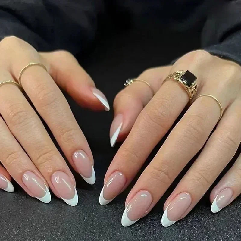 24 Pcs Almond Shape French False Nails with Glue Press On White Edge Design Simple Wearable Pink Stiletto Nail Tips