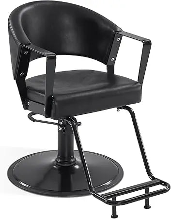 Hydraulic Salon Chair, 360° Swivel Classic Modern Hair Styling Barber Chair, All Black Curved Wooden Hair Cutting Salon Beauty