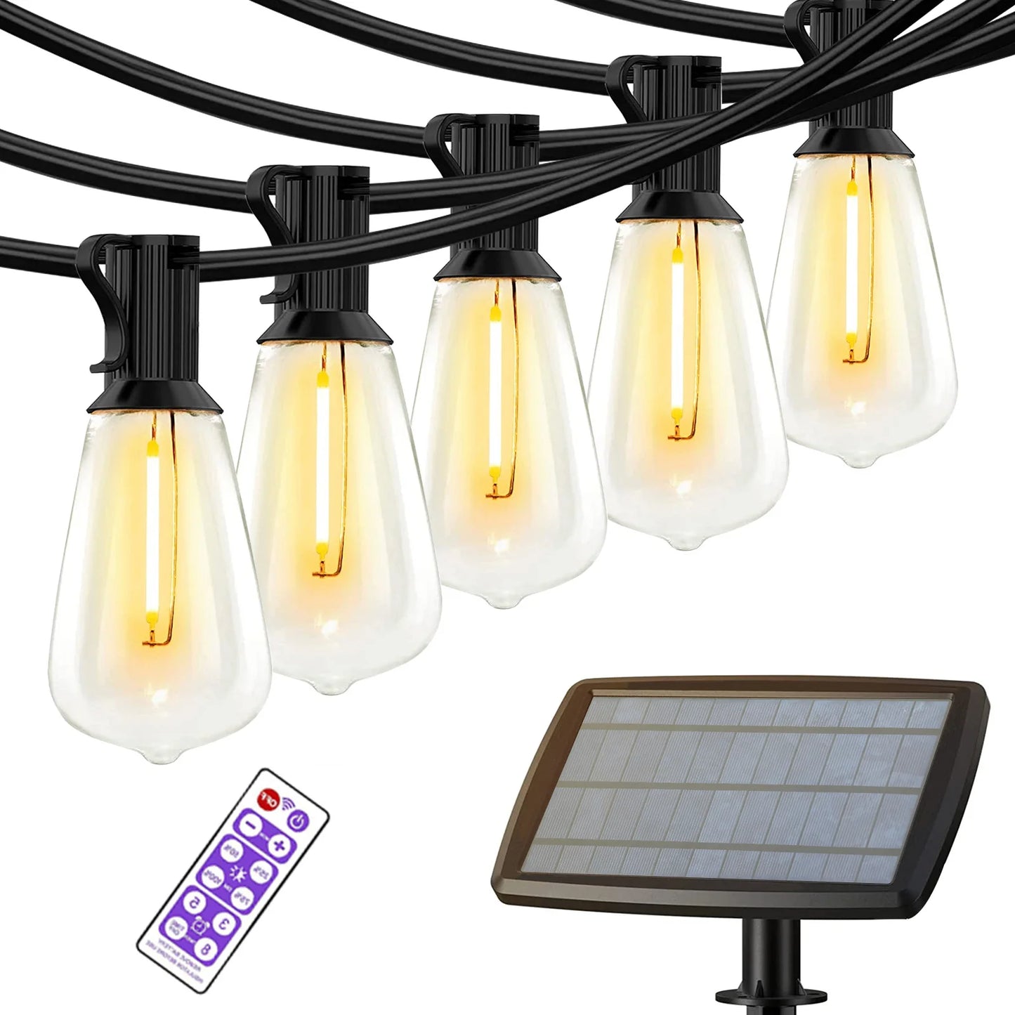 60/100FT Solar String Lights IP44 Waterproof 15 Plus 1/30 Plus 2 LED Shatterproof Bulbs 4 Light Modes for Camping Backyard Garden Holiday