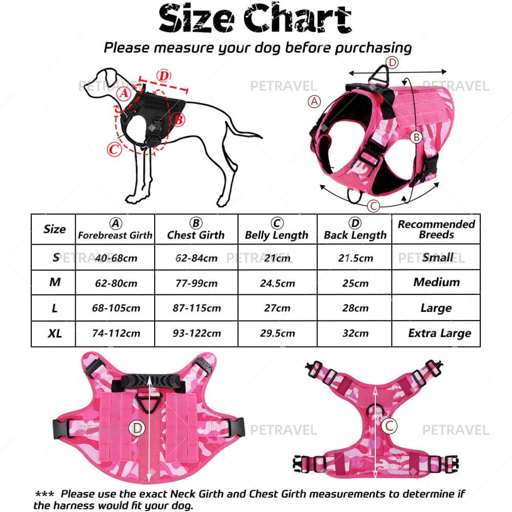 Military Dog Harness Set for Large Medium Dogs Adjustable Pink Tactical Training Vest with Collar and Leash