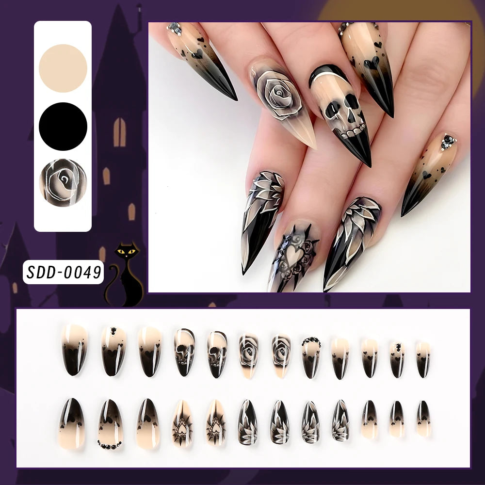 24 Pcs 3D Kuromi Press On Nails Y2K Cartoon Handmade Fake Nails Black Gel Wearable Nails Cinnamoroll Melody Anime False Nails