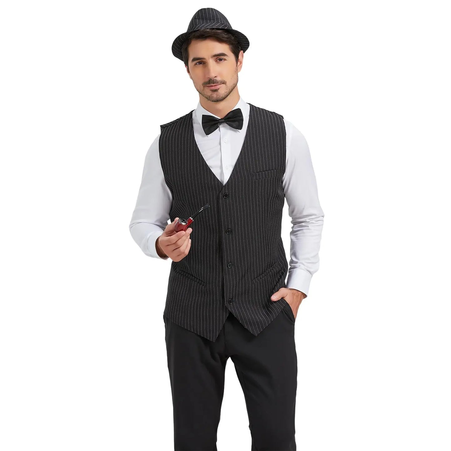 1920s Men's Gangster Costume Set with Vest Hat Suspenders Bow Tie and Accessories Roaring 20s Outfit
