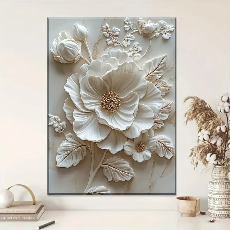 White Flower Pattern Wood Frame Canvas Murals Can Be Hung Directly Wall Mounted Decoration Suitable for HomeLiving Room