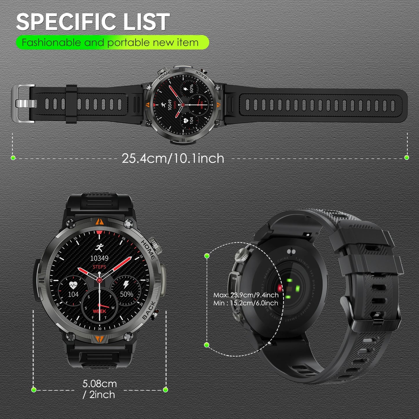 LaNikar KE3 Bluetooth Call Smart Watch for Men Full Touch Screen Health Monitor with Flashlight Compatible with IOS and Android