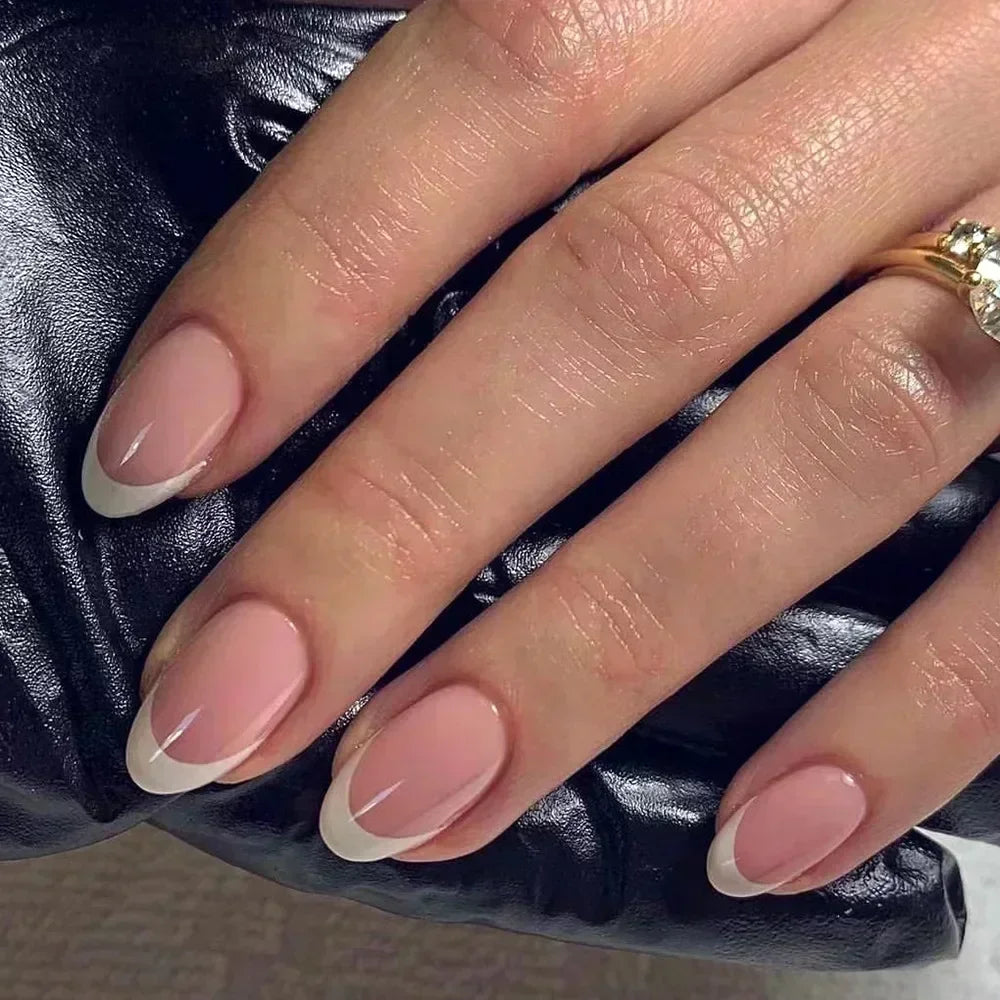 24 Pcs Almond Shape French False Nails with Glue Press On White Edge Design Simple Wearable Pink Stiletto Nail Tips