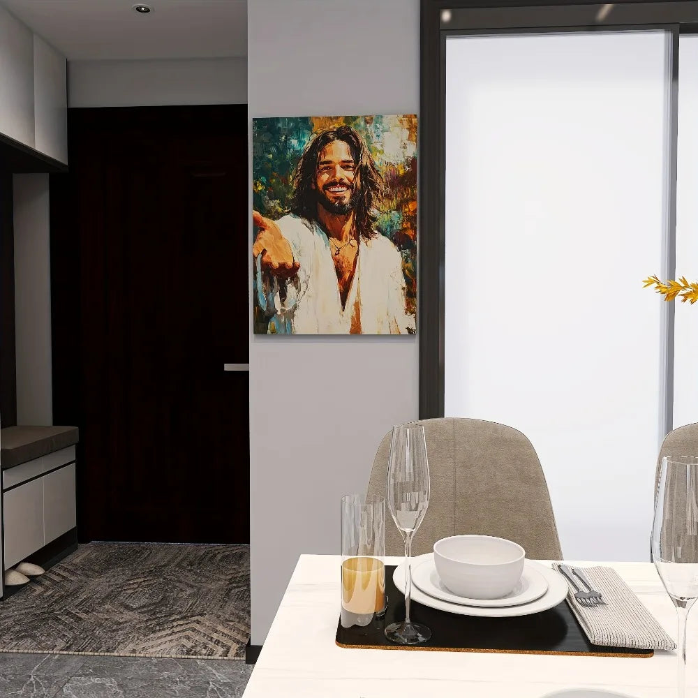 A picture of Jesus reaching out, suitable for bedroom, living room, home office, 1.5 inch thick pine solid wood frame