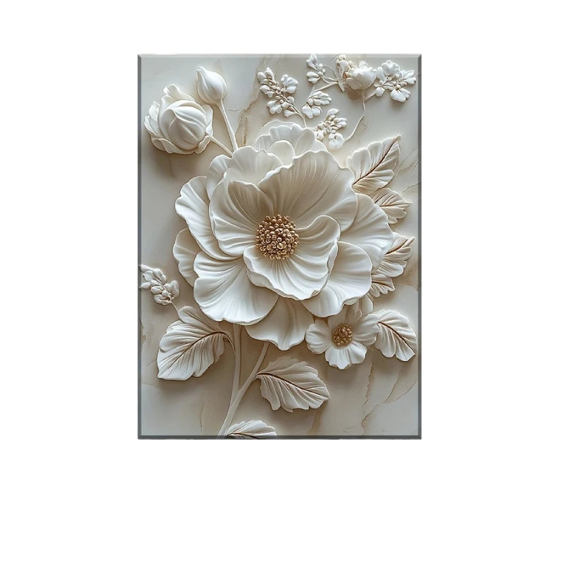 White Flower Pattern Wood Frame Canvas Murals Can Be Hung Directly Wall Mounted Decoration Suitable for HomeLiving Room