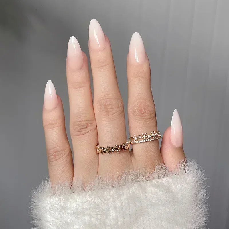 24 Pcs Almond Shape French False Nails with Glue Press On White Edge Design Simple Wearable Pink Stiletto Nail Tips