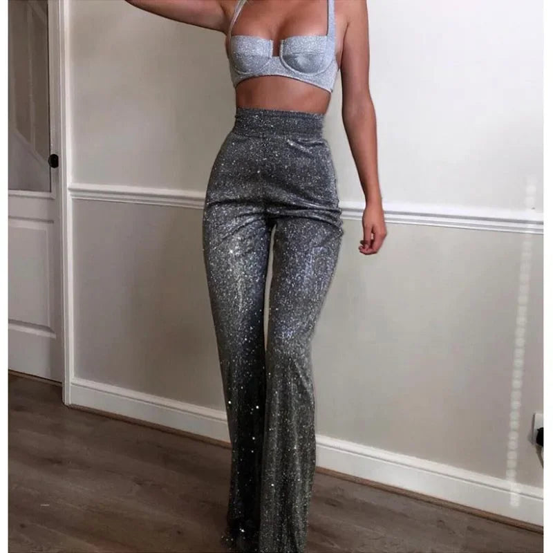 Sexy Women High Waist Slim Wide Leg Pants Diamond Flare Y2K
