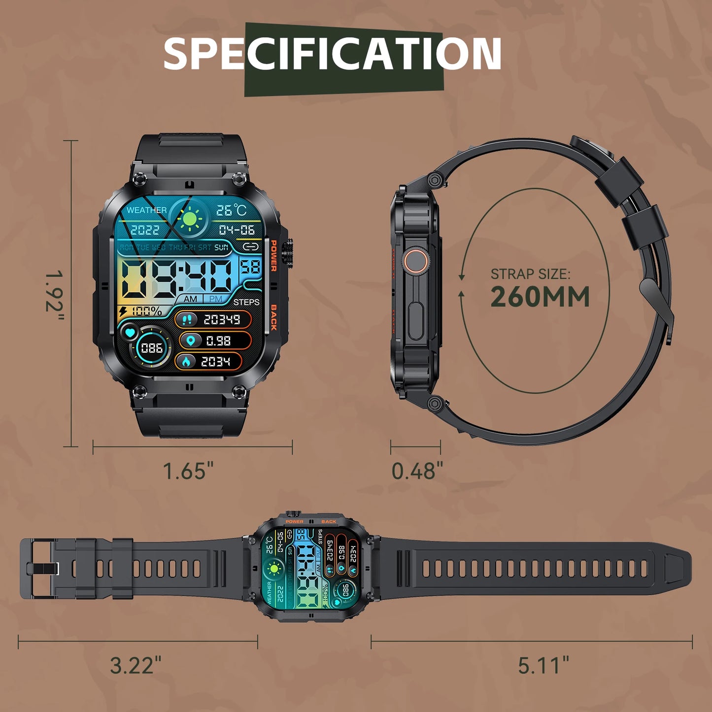 EIGIIS Military Smart Watch For Men Bluetooth Call 1.96 Inch HD Screen Fitness Tracker Heart Rate Blood Pressure IP68 Waterproof