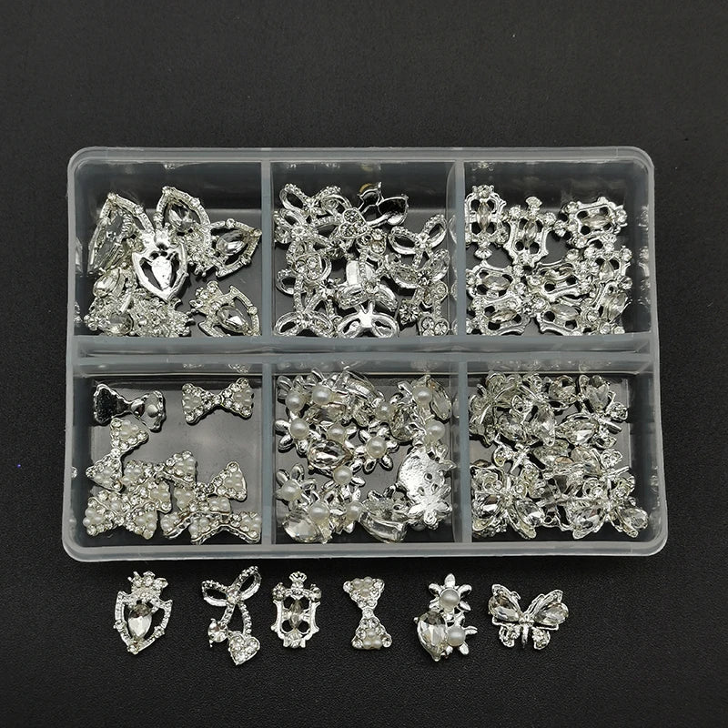 60pcs/Box Nail Rhinestones Cherry/Planet/Heart Nail Charms Jewelry Parts Gems Crystal DIY Nail Art Decorations Accessories Stone