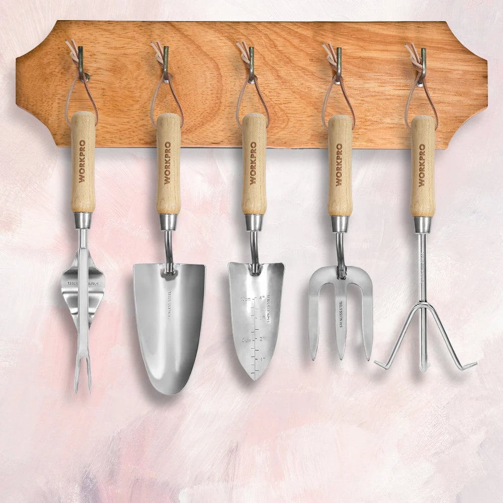 Workpro 8 Piece Pink Garden Tool Set Stainless Steel Gardening Tools with Wood Handle Garden Tote Gloves Trowel
