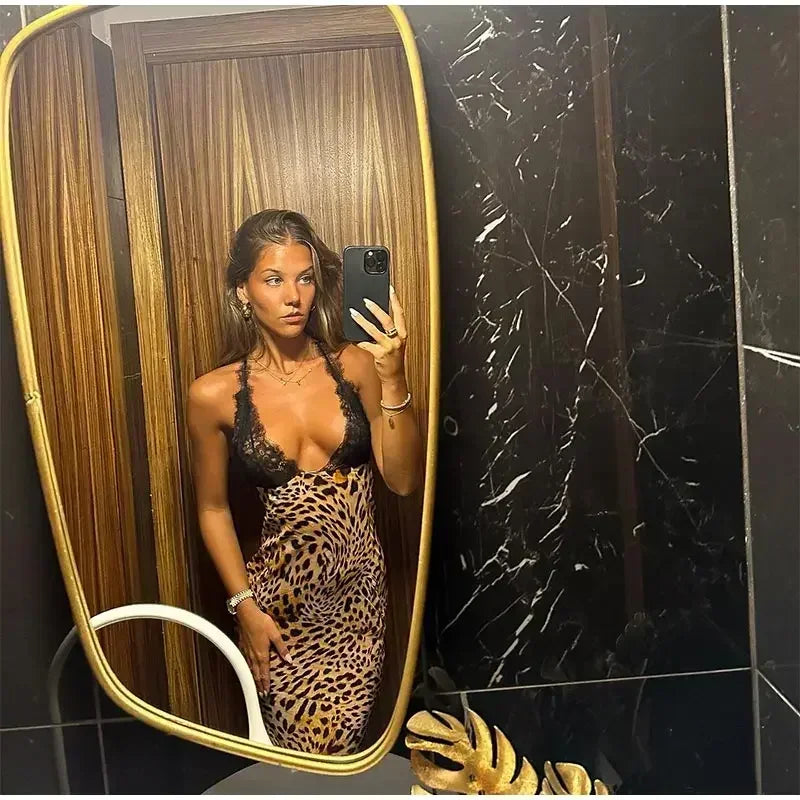 Women Halter Lace Leopard Print Maxi Dress Backless
