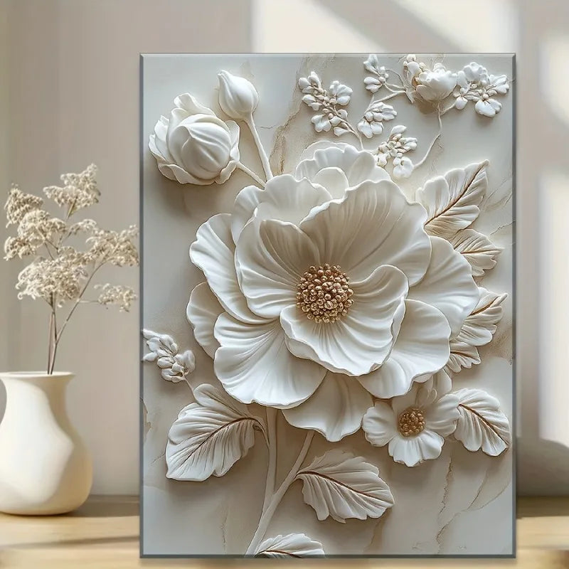 White Flower Pattern Wood Frame Canvas Murals Can Be Hung Directly Wall Mounted Decoration Suitable for HomeLiving Room