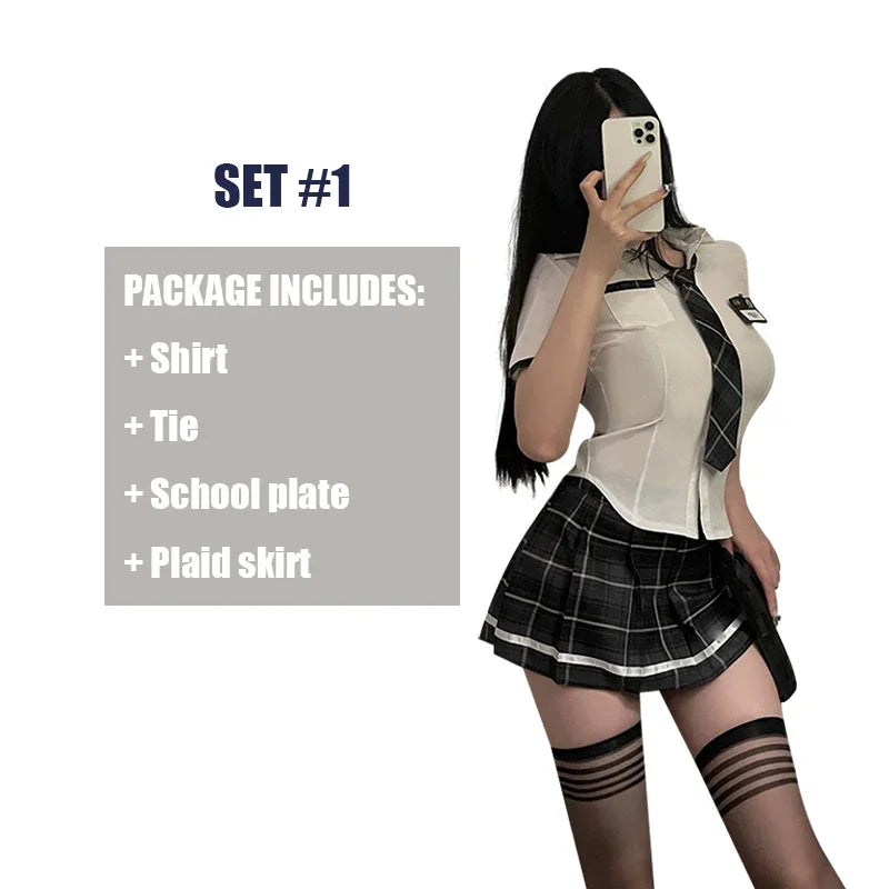 Sexy Plaid Print Preppy Uniform Cosplay Costume Women's Lingerie Naughty Striped Top & Skirt Underwear
