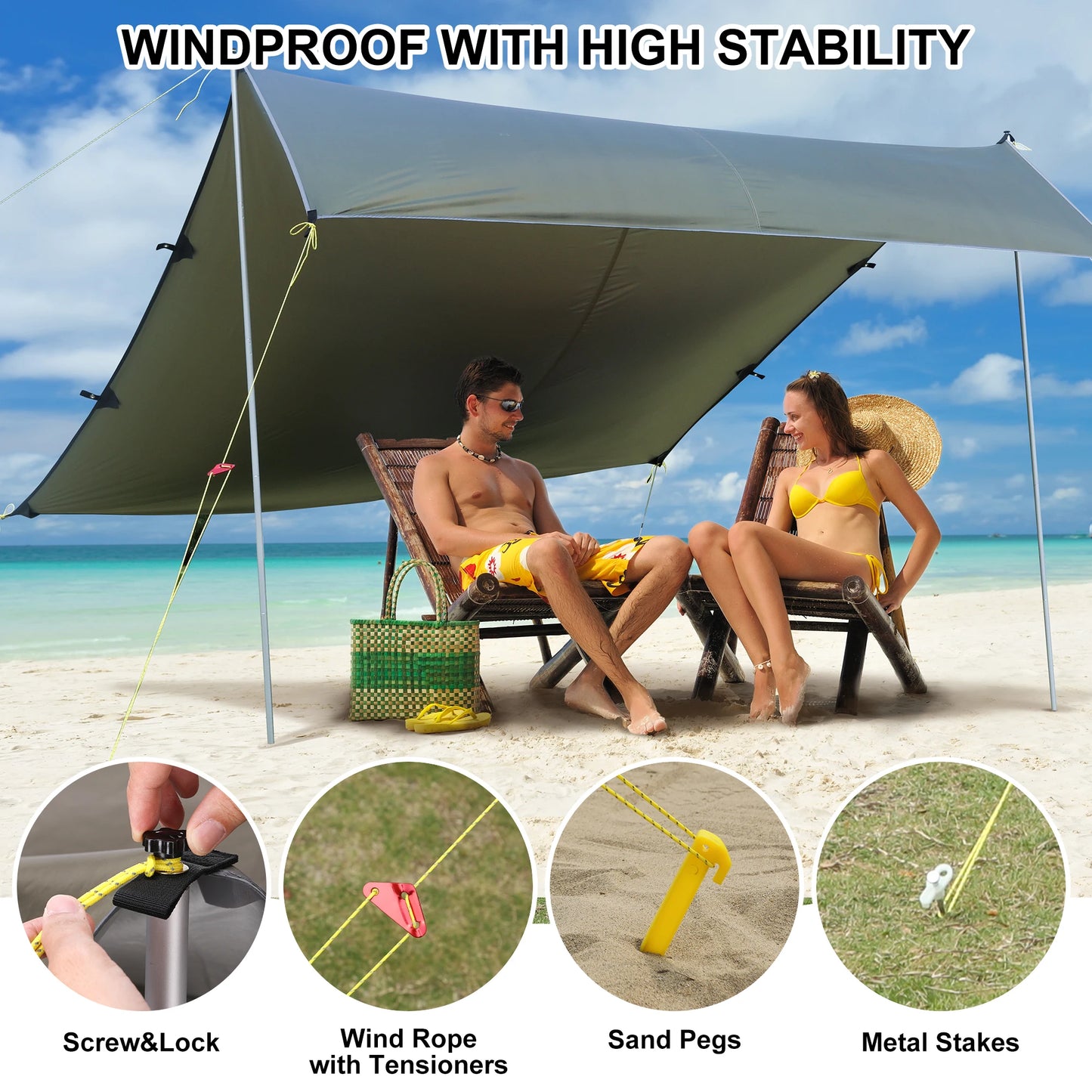 Beach Tent Sun Shelter UPF50 Plus with Ground Pegs and 2 Aluminum Poles Waterproof Multifunctional Beach Tent Sun Shade for Camping