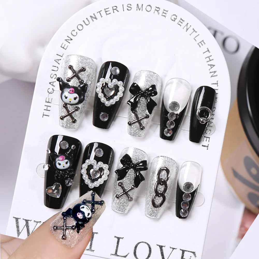 24 Pcs 3D Kuromi Press On Nails Y2K Cartoon Handmade Fake Nails Black Gel Wearable Nails Cinnamoroll Melody Anime False Nails