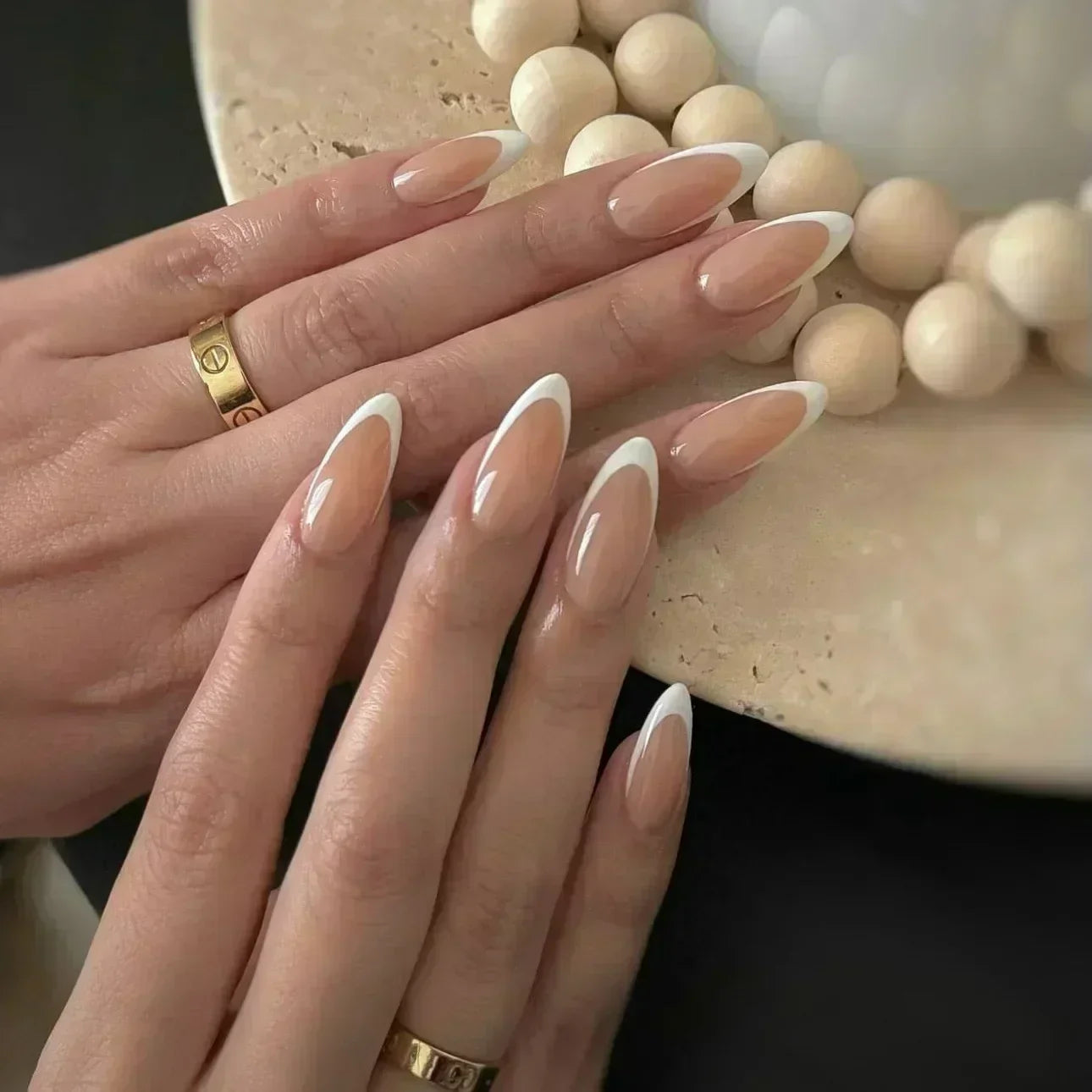 24 Pcs Almond Shape French False Nails with Glue Press On White Edge Design Simple Wearable Pink Stiletto Nail Tips