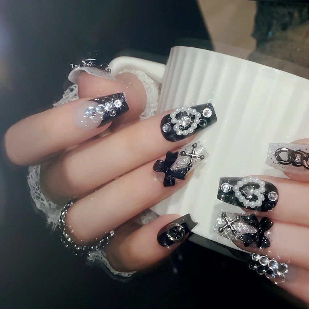 24 Pcs 3D Kuromi Press On Nails Y2K Cartoon Handmade Fake Nails Black Gel Wearable Nails Cinnamoroll Melody Anime False Nails