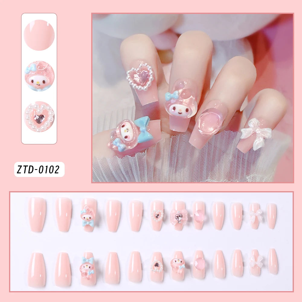24 Pcs 3D Kuromi Press On Nails Y2K Cartoon Handmade Fake Nails Black Gel Wearable Nails Cinnamoroll Melody Anime False Nails