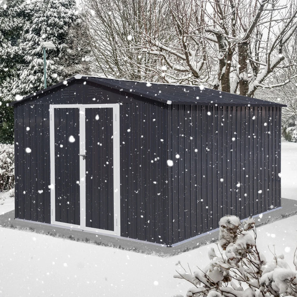 10ft x 12ft Garden Shed with Updated Frame Structure and Lockable Doors Metal Tool Storage for Backyard and Patio