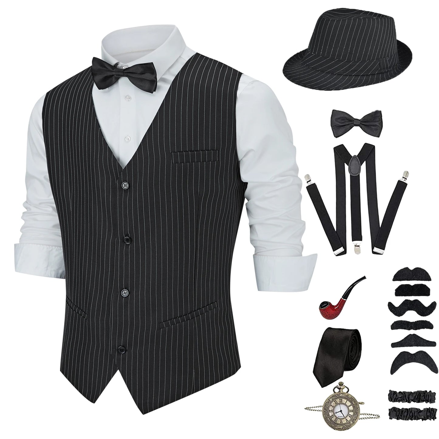 1920s Men's Gangster Costume Set with Vest Hat Suspenders Bow Tie and Accessories Roaring 20s Outfit