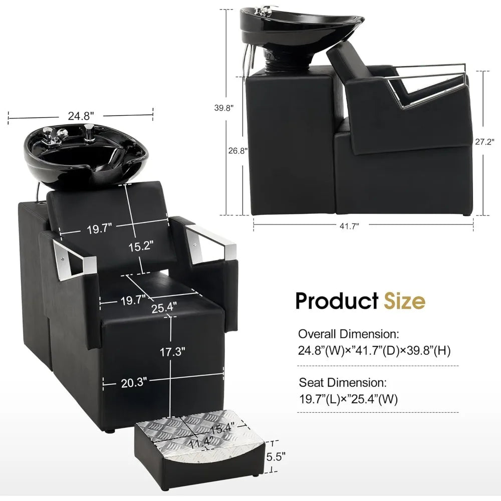 Shampoo Barber Classic Chair, Adjustable Ceramic Shampoo Bowl Sink Chair Station for Spa Beauty Salon 9080 (Black)