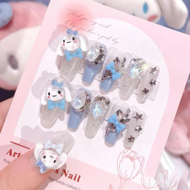 24 Pcs 3D Kuromi Press On Nails Y2K Cartoon Handmade Fake Nails Black Gel Wearable Nails Cinnamoroll Melody Anime False Nails