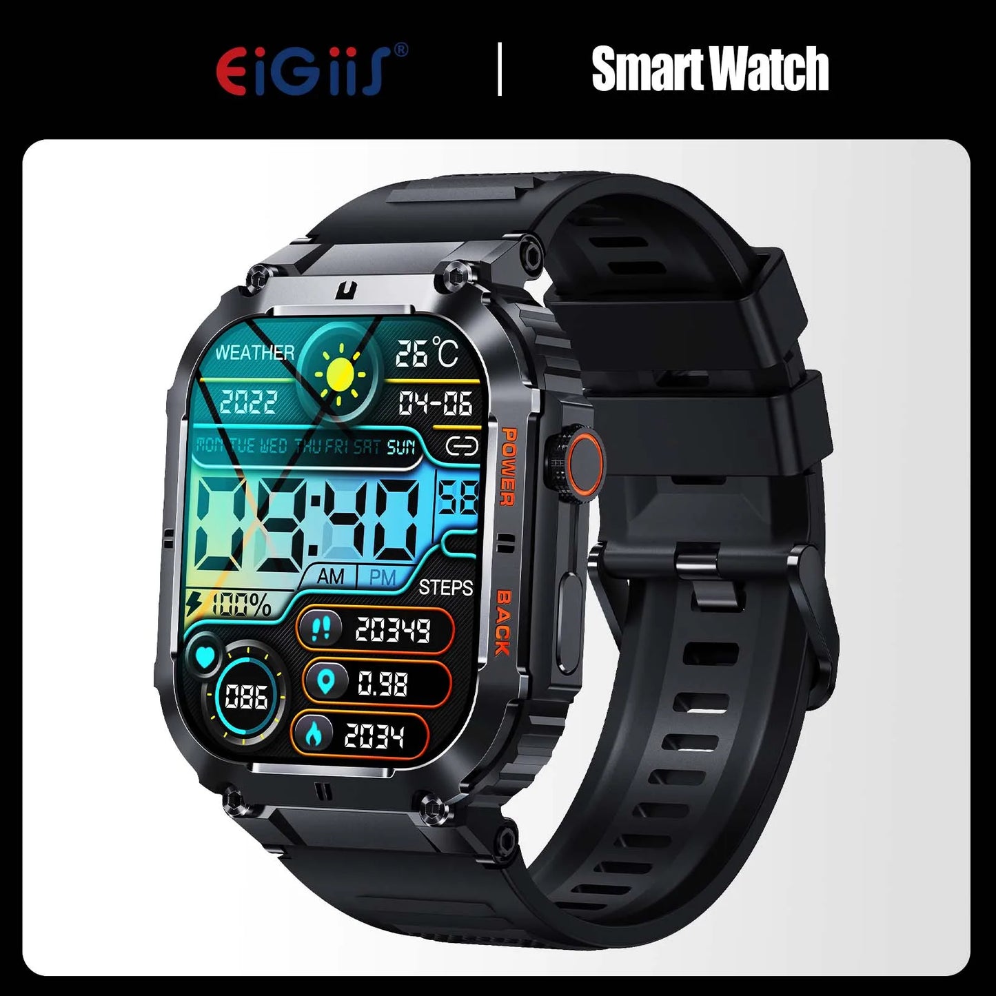 EIGIIS Military Smart Watch For Men Bluetooth Call 1.96 Inch HD Screen Fitness Tracker Heart Rate Blood Pressure IP68 Waterproof