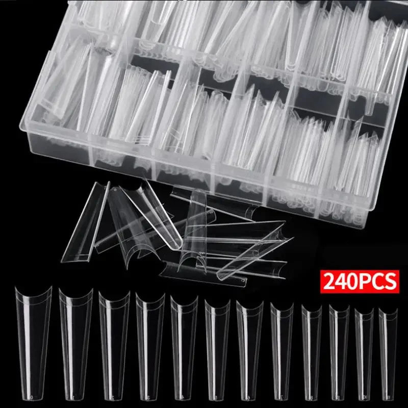 240 Clear Acrylic Nail Tips Half Cover Coffin Shape Artificial Nails Set