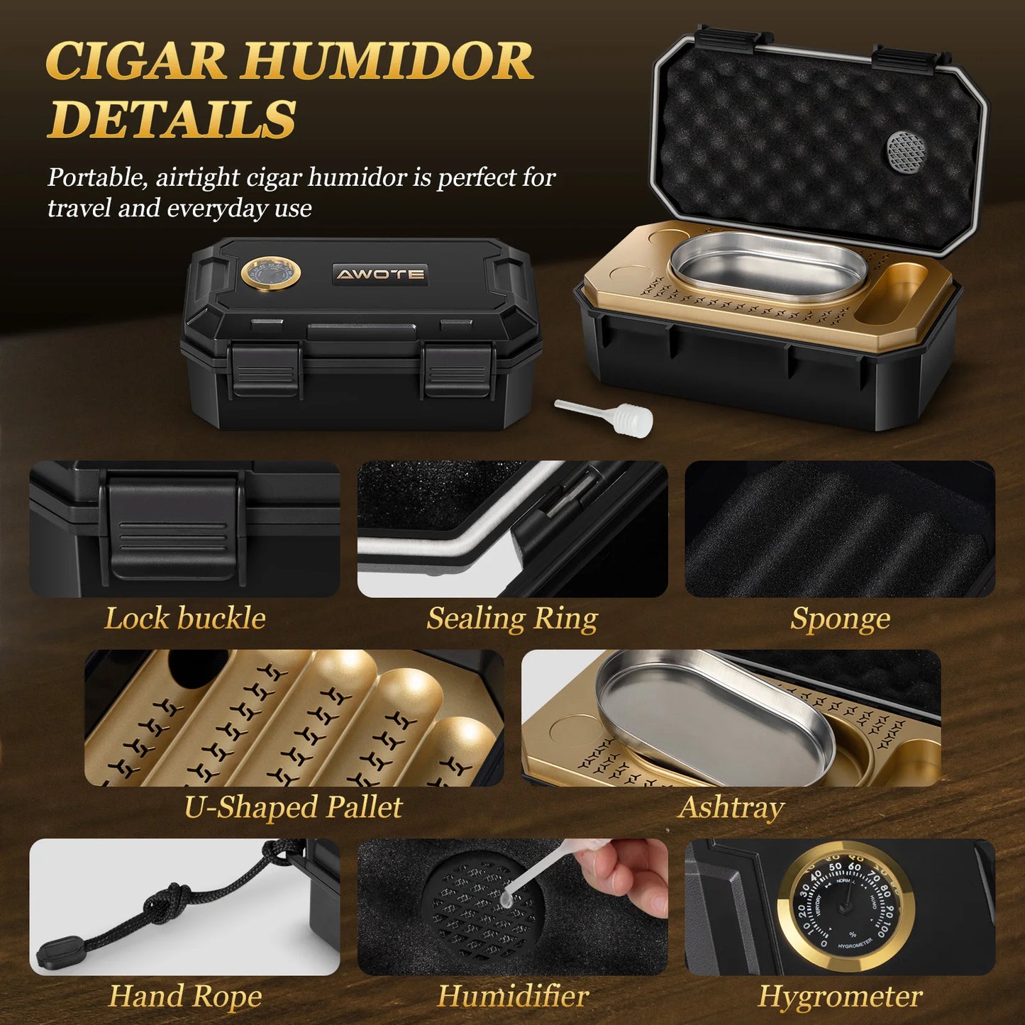 Portable Travel Cigar Humidor Set with Torch Lighter Ashtray Holder Humidifier and Hygrometer Cigar Accessories for Men Gift
