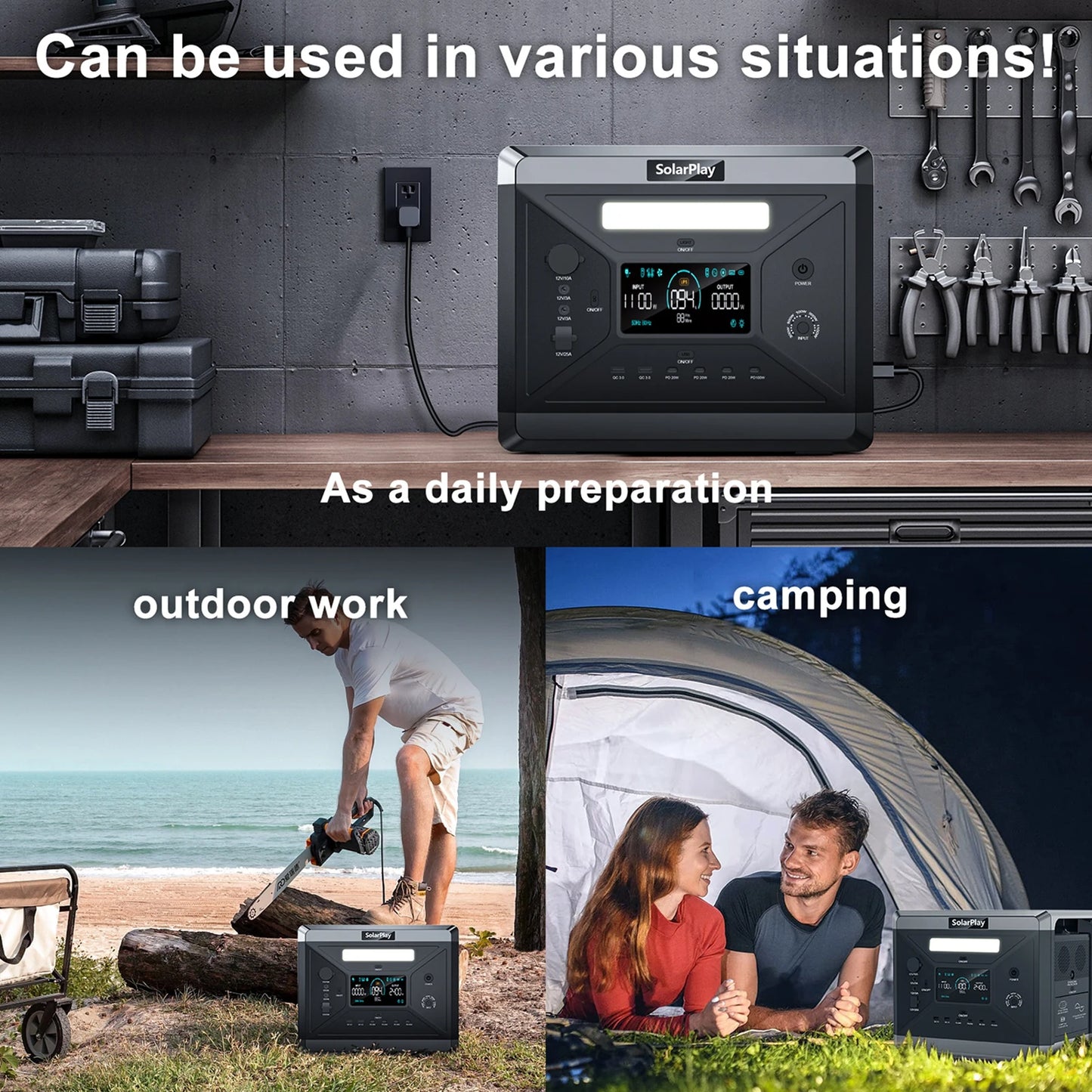 Solarplay Q2501 Power Station Portable Rechargeable 2400W Lifepo4 Battery UPS Function with Hand Trolley for Camping Equipment