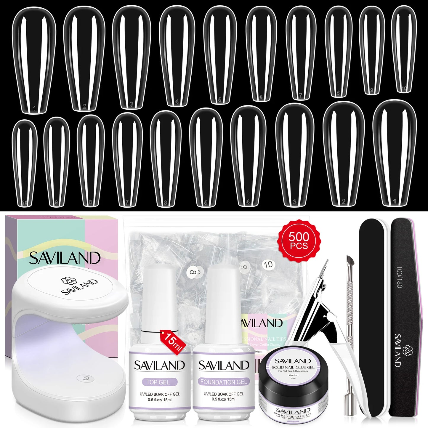 Saviland 500pcs Gel X Nail Kit With UV LED Lamp Almond Tips