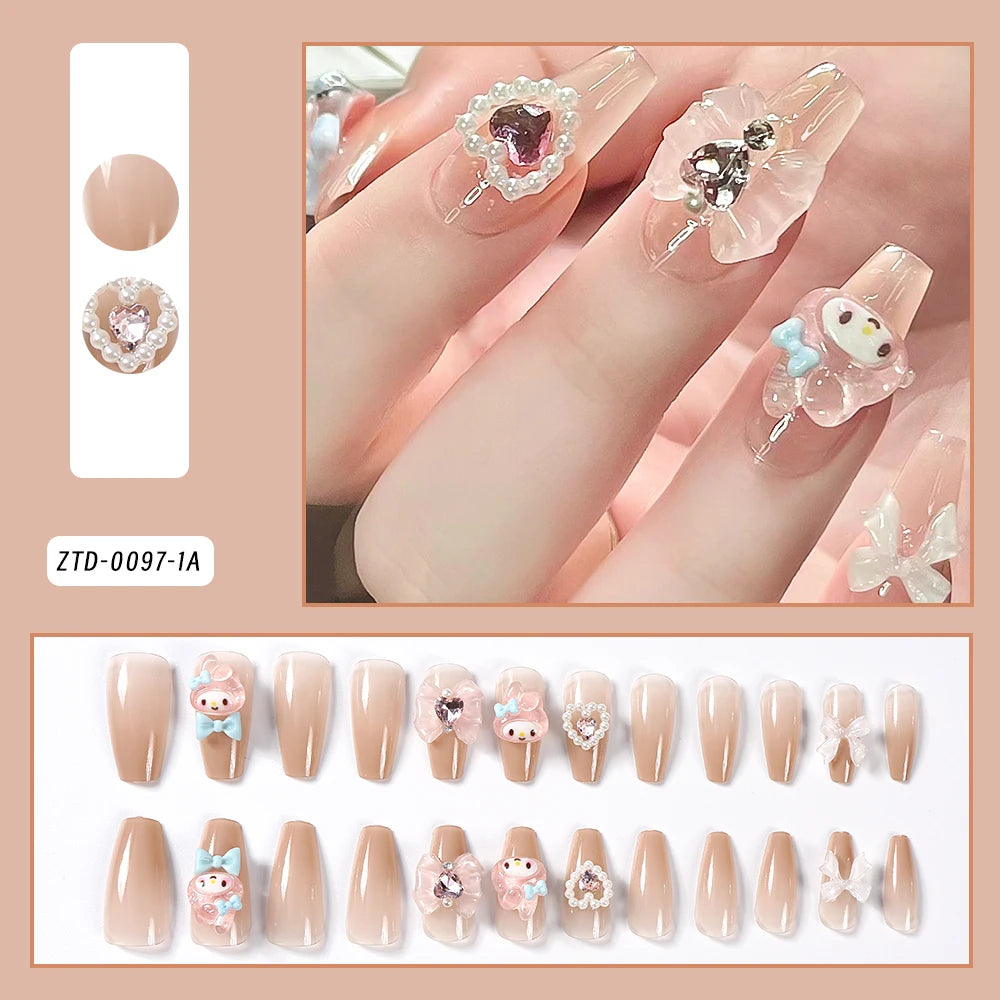 24 Pcs 3D Kuromi Press On Nails Y2K Cartoon Handmade Fake Nails Black Gel Wearable Nails Cinnamoroll Melody Anime False Nails