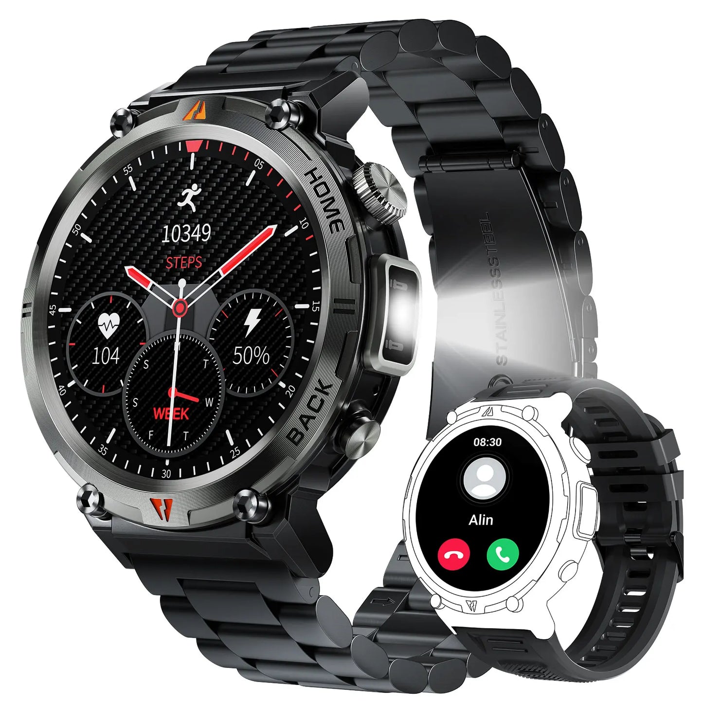 LaNikar KE3 Bluetooth Call Smart Watch for Men Full Touch Screen Health Monitor with Flashlight Compatible with IOS and Android
