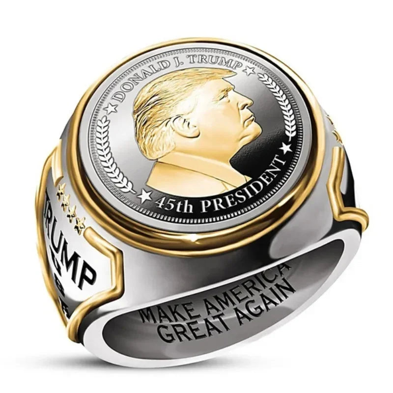 Hot-Selling Personalized US President Trump Ring Two-Color Hip-Hop Jewelry for Men