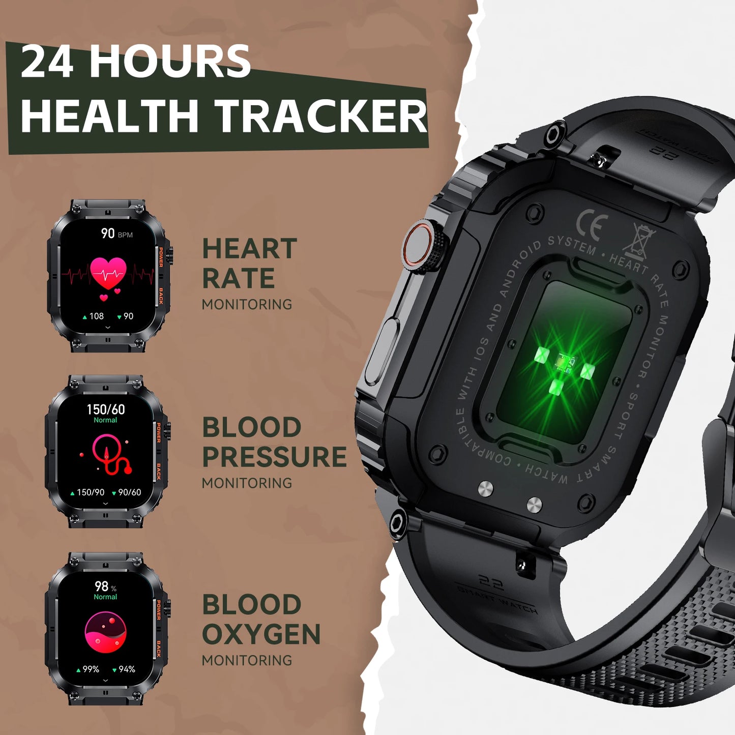 EIGIIS Military Smart Watch For Men Bluetooth Call 1.96 Inch HD Screen Fitness Tracker Heart Rate Blood Pressure IP68 Waterproof