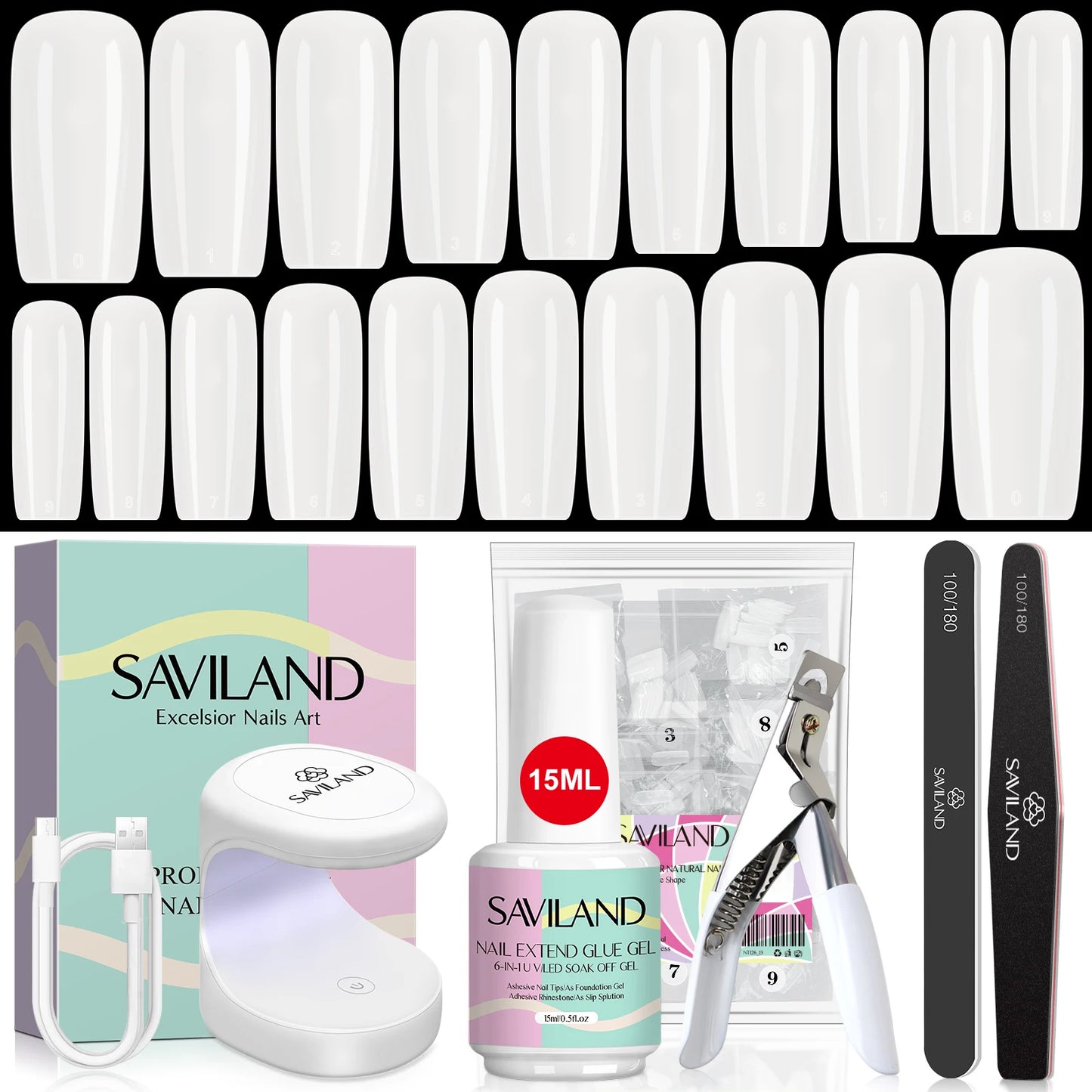 Saviland 500pcs Gel X Nail Kit With UV LED Lamp Almond Tips