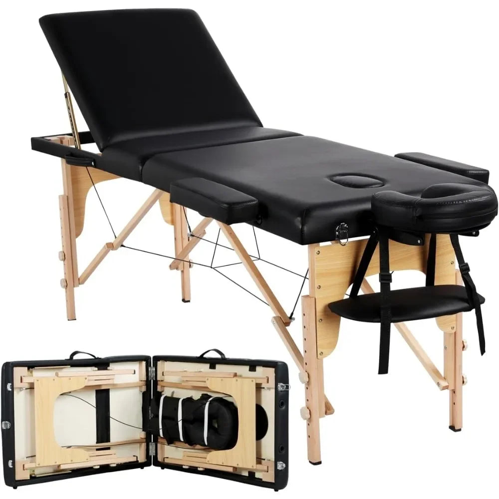 Artechworks Portable Massage Table - Adjustable Beauty Bed for Lash Extensions & Tattoos, Black PU Leather Spa Bed w/ Carry Case