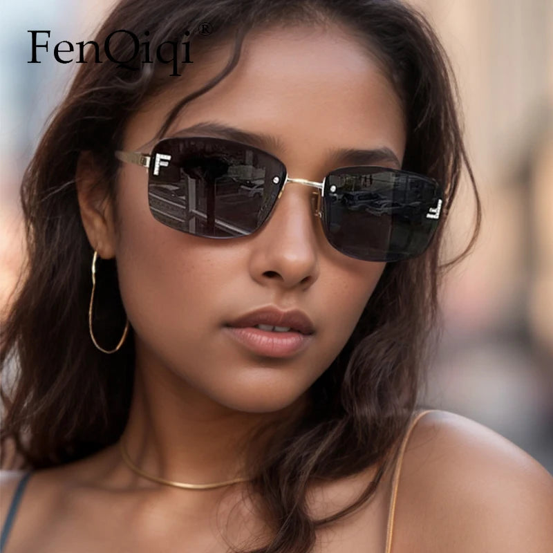 Rimless Square Sunglasses F Letter Rectangle Shades for Men and Women Trendy Driving Frameless Casual Eyewear UV400 Oculos Del Sol