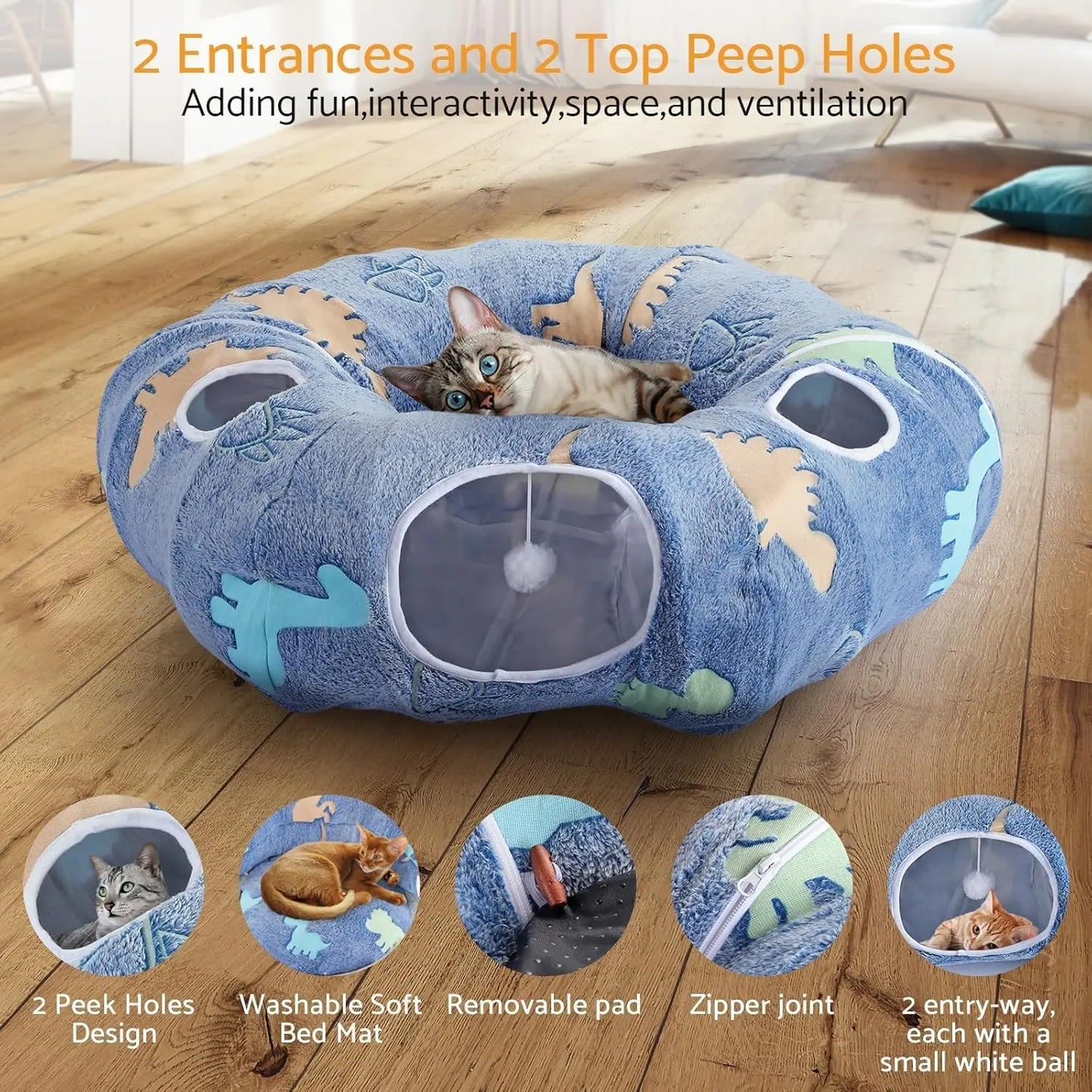 Maxetodo Foldable Cat Tunnel with Washable Bed 4 Entry Points,Peekaboo Cat Cave,Multifunctional Playground Toy for Cats Kittens