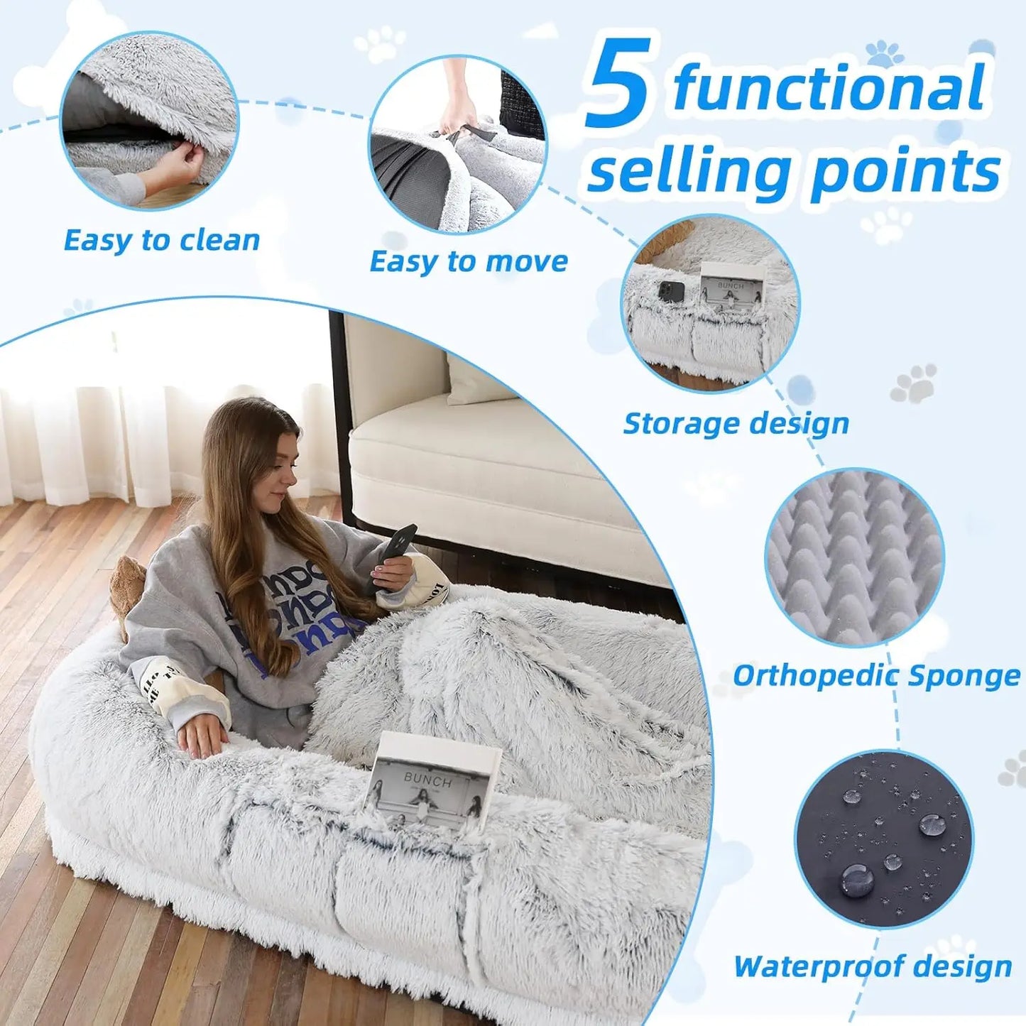 Human Dog Bed 71 Inch X 45 Inch X 12 Inch Washable Dog Bed for People and Pets Comfortable Napping Space