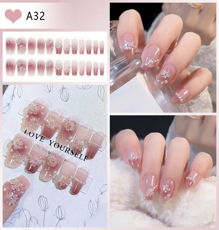 24 Pcs 3D Kuromi Press On Nails Y2K Cartoon Handmade Fake Nails Black Gel Wearable Nails Cinnamoroll Melody Anime False Nails