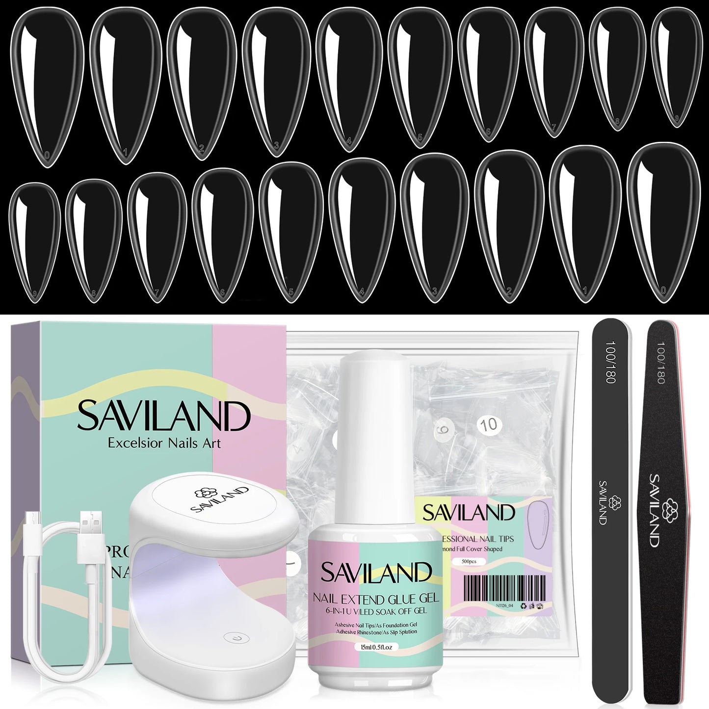 Saviland 500pcs Gel X Nail Kit With UV LED Lamp Almond Tips