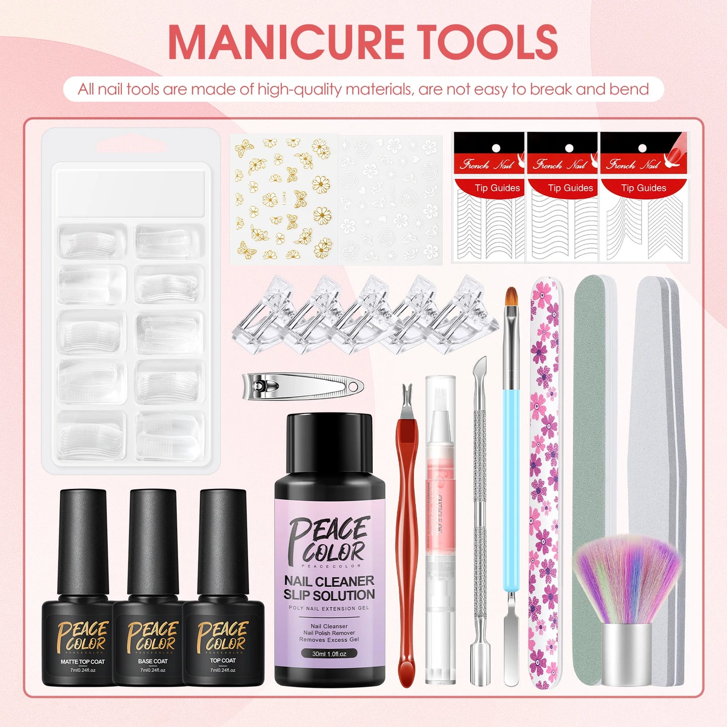 Peacecolor 16ML Poly Extension Gel Set with Nail Lamp Nail Drill Machine 30ML Slip Solution Base Top Coat Nail Art Stickers Tool