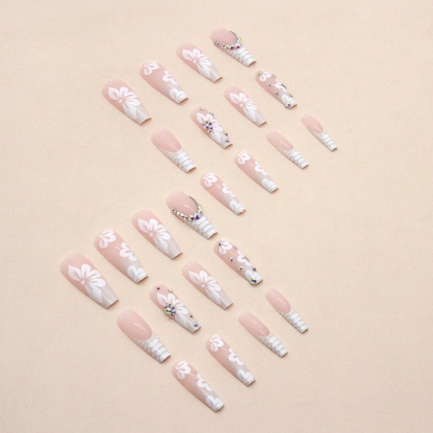 Rhinestone White Long Square Fake Nails UV Gel Set Party