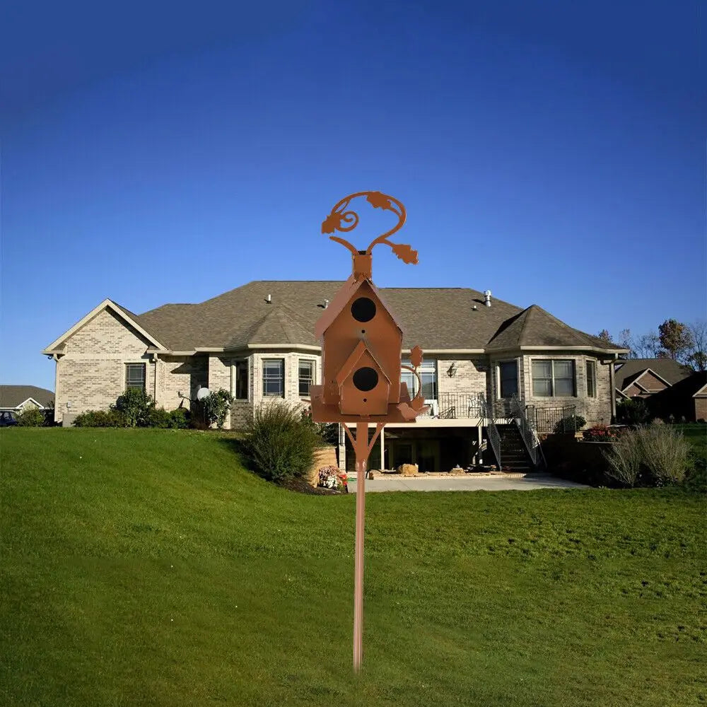 Metal Birdhouse Art Stake Outdoor Rustic Bird House Stand Garden Yard Decor