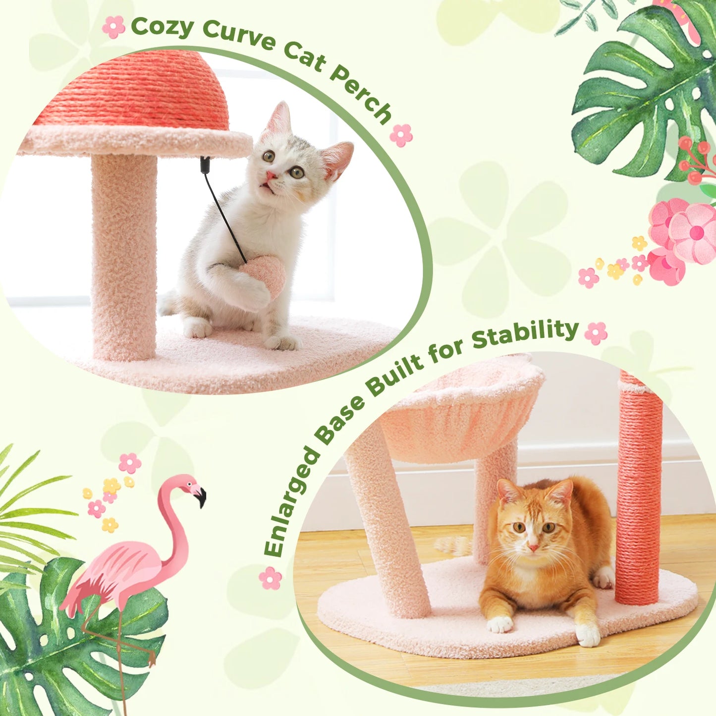 Multi-Level Flamingo Cat Tree with Scratching Posts, Hammock, Perch, Cute Cat Tower, Indoor Pink Cat Scratcher, Kittens Toys